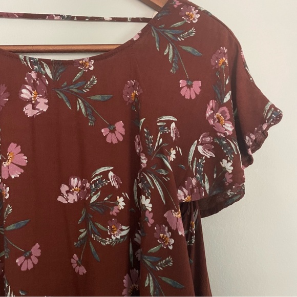 Chloe & Katie Brown Floral Flutter Sleeve Blouse Spring Summer Top Soft Rayon, M - Picture 6 of 11